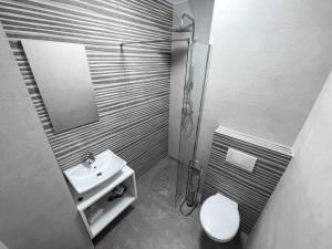 a bathroom with a shower and a sink and a toilet at Apartment Light in Stobreč +13 photos