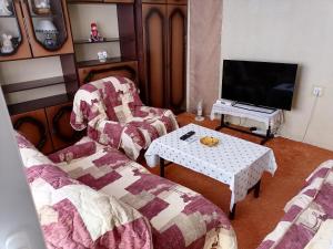 a living room with two chairs and a tv at Villa Shine Apartment 1 in Struga