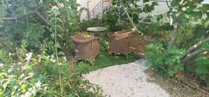 two wicker chairs and a bird bath in a garden at Maris full apartment with roof garden access in Chios +3 photos