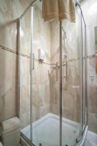 a bathroom with a shower and a toilet at Bertra House B&B in Westport