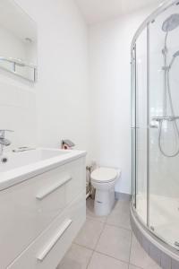 een witte badkamer met een douche en een toilet bij Cosy apartment 27 m2 in rue d'Antibes and Croisette in Cannes