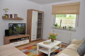 uma sala de estar com um sofá, uma televisão e uma mesa em Ferienwohnung Schöne Zeit em Gedern