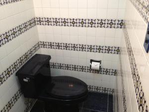 a bathroom with a black toilet and a toilet paper dispenser at Hotel Gomez de Celaya in Celaya