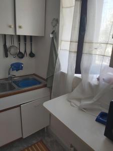 eine kleine Küche mit einem Waschbecken und einem Fenster in der Unterkunft Appartamento in villa .. in Peschici