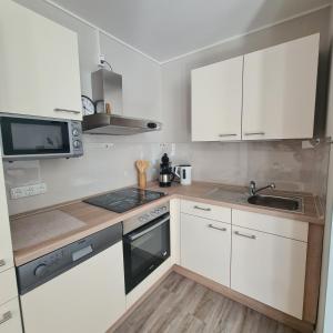 a small kitchen with white cabinets and a sink at Harz im Herzen in Altenau