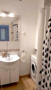 a bathroom with a sink and a washing machine at Eozin Apartman in Pécs
