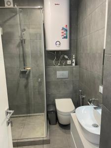 uma casa de banho com um chuveiro, um WC e um lavatório. em Золотой Бугаз, Колоски, апартамент 7/1 em Karolino-Buhaz