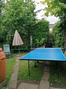a blue ping pong table in a garden with a umbrella at Spatzennest in Garz-Rügen