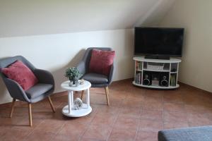 ein Wohnzimmer mit 2 Stühlen und einem TV in der Unterkunft Ferienwohnung Scheel in Nordstrand