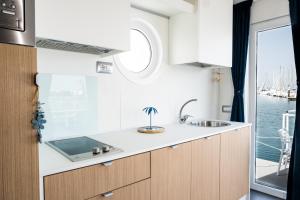里米尼House Boat Rimini Resort的带水槽和窗户的厨房