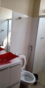 a bathroom with a white toilet and a mirror at Apartamento Capitólio D'Loren dos lagos 4º andar in Capitólio +25 photos