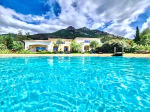 una casa con una piscina de agua frente a ella en L'Alivi di l'Osari, en Belgodère