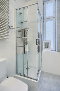 a glass shower in a bathroom with a toilet at Apartament Mesa - NoclegiSopot in Sopot
