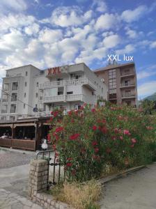 a building with pink flowers in front of it at XXL Apartments in Dobra Voda