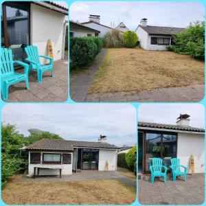 quatre photos d'une maison avec des chaises bleues dans la cour dans l'établissement Surfin, à Coxyde
