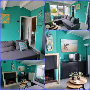 uma colagem de quatro fotografias de uma sala de estar em Surfin em Koksijde