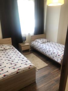 a bedroom with two beds and a window at Logement au calme dans une maison. in Moirans-en-Montagne