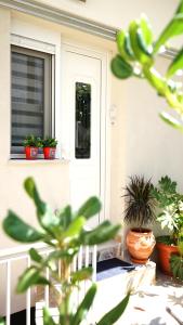 eine Veranda mit Topfpflanzen vor einer Tür in der Unterkunft Houseloft Elassona center in Elassona