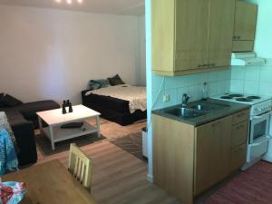 una cucina con lavello e un soggiorno di Mimmo 1 a Vantaa