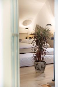 a bedroom with a bed and a potted plant at Hiša Liza in Kobarid
