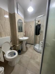 uma casa de banho com um WC, um lavatório e um chuveiro em Apartament Sofia em Costinesti