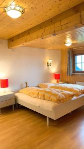 a bedroom with a large bed with two lamps at Ferienwohnung am Süd-Schwarzwald 1 in Murg