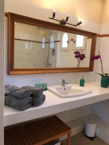 um balcão de casa de banho com um lavatório e um espelho em Le Nid des Corbières em Bizanet