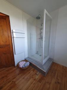 a bathroom with a shower and a wooden floor at LE CLOS DU MOUY in La Souche