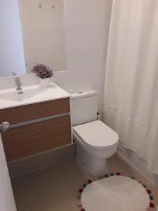 a bathroom with a toilet and a sink and a mirror at Papudo Laguna departamento in Papudo