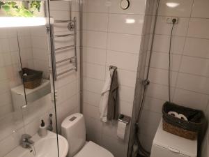 a bathroom with a toilet and a glass shower at Central Tammela 80m2 in Tampere +12 photos