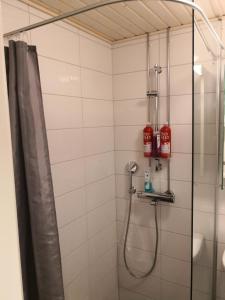 a shower in a bathroom with a shower curtain at Central Tammela 80m2 in Tampere