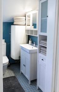 a bathroom with a white sink and a toilet at Haus Bregenz Apartment Festspiele in Lochau