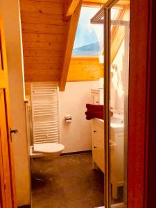 La salle de bains est pourvue de toilettes et d'un lavabo avec fenêtre. dans l'établissement Haus am See, à Därligen