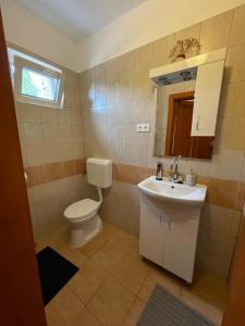 bagno con servizi igienici, lavandino e specchio di Vámos Apartman a Bük