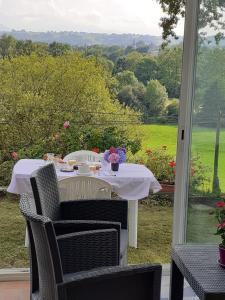 - une table avec des fleurs sur la terrasse couverte dans l'établissement Résidence Bellevue, à Pontacq