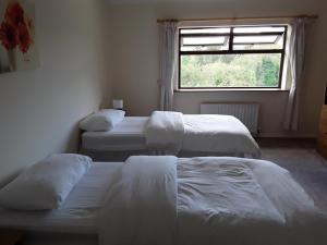 three beds in a room with a window at Mary’s Cottage in Sneem