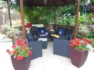 エペルネーにあるLa Petalerieの青い椅子と赤い花の見世物