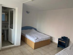 a small bedroom with a bed and a sink at Casa Poseidon in Costinesti