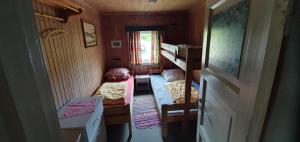 a small room with two bunk beds in a trailer at Røisheim in Tyinkrysset