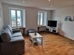 ein Wohnzimmer mit einem Sofa und einem TV in der Unterkunft Aloha Appartement de vacances au Bouveret in Port-Valais