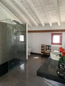a bathroom with a glass shower and a toilet at Casa Tatisita Family in Segura de la Sierra +38 photos