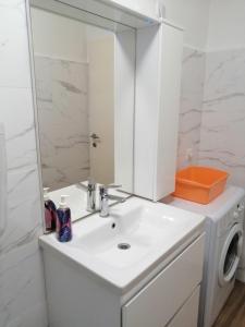 a bathroom sink with a mirror and a washing machine at Vila Rosa in Vis