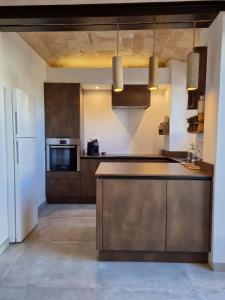 a large kitchen with a counter and a refrigerator at Mas des Aïeux in Laudun