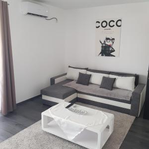 a living room with a couch and a coffee table at Arrami Aparthotel in Satu Mare