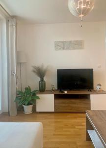 a living room with a flat screen tv on a cabinet at Artemis Apartment - nice, family friendly and cozy in Skopje