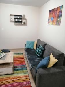 uma sala de estar com um sofá preto e um tapete colorido em Boglárka Apartman em Szeged