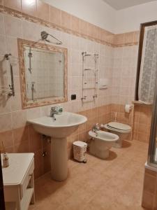 een badkamer met een wastafel, een toilet en een spiegel bij Casa Andrè in Pescantina