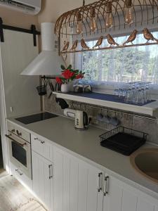 a kitchen with white cabinets and a sink and a window at Sapņi in Kolka