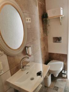 a bathroom with a sink and a mirror and a toilet at Sapņi in Kolka