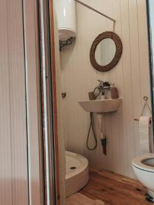 a bathroom with a sink and a toilet and a mirror at Каравана Бохемия in Chernomorets +14 photos